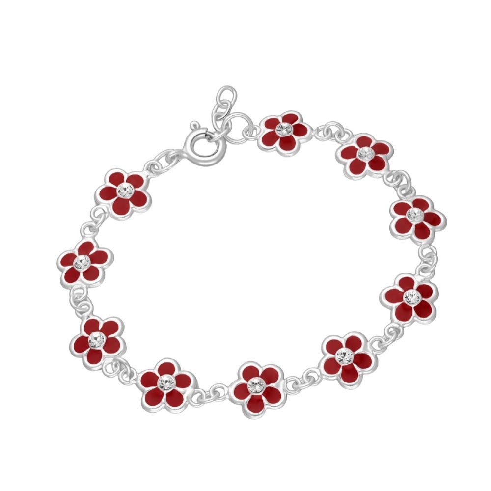 925 Sterling Silver Red Enamel Flower Bracelet with Crystal – Last One